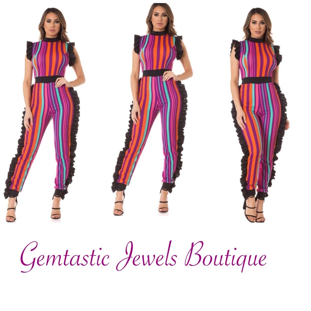 Plus Size Striped Jumpsuit with Ruffles